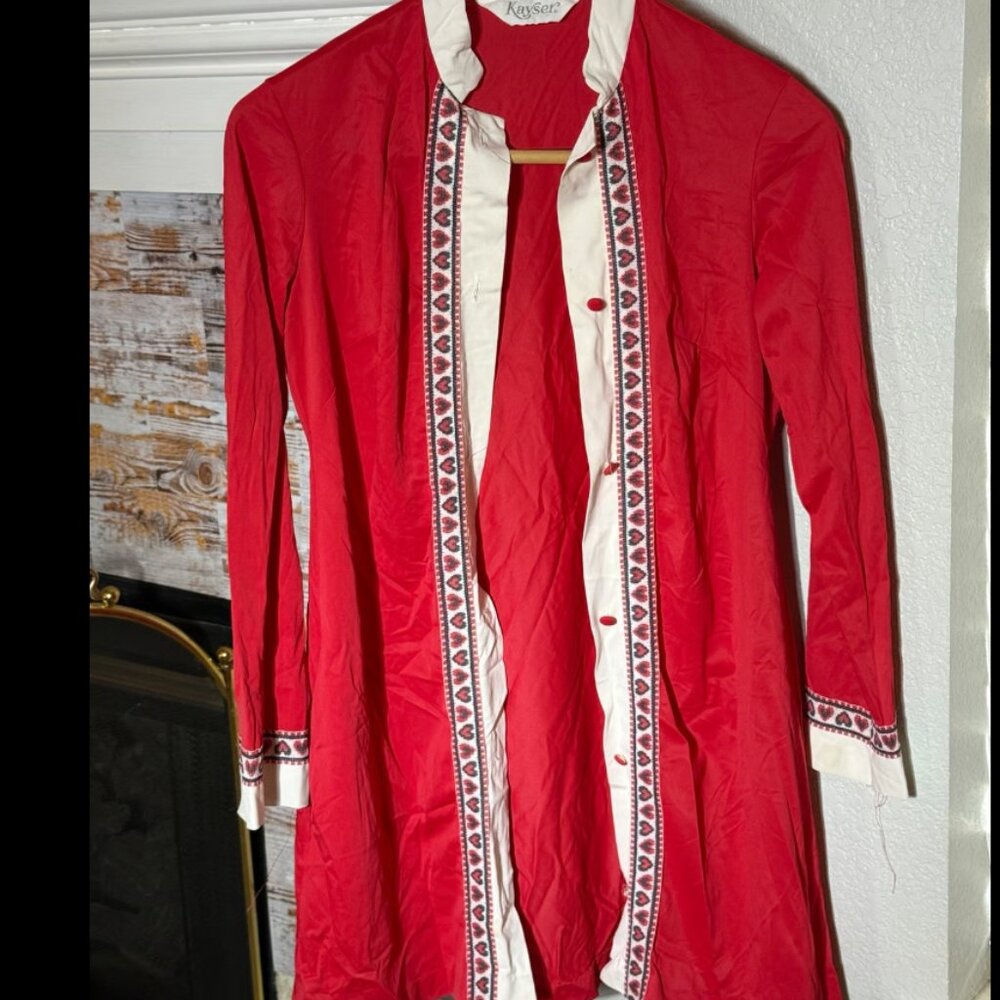 Vintage Kayser Red Heart Trim Robe / Lounge Dress XS